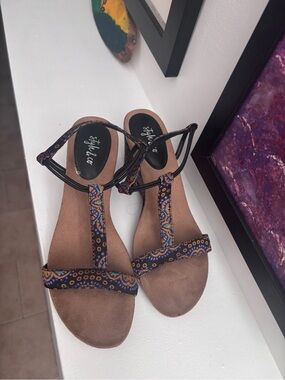 Style & Co. Brown Sandals with Blue and Orange Patterned Straps